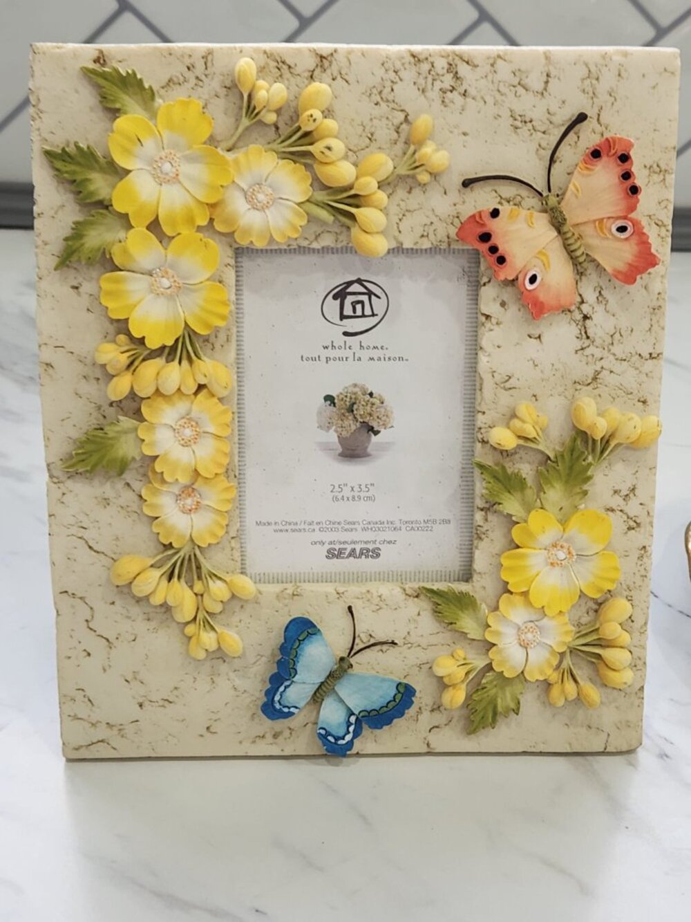 Beautiful Ceramic Floral Butterflies Picture Small Frame Yellow & White Flowers